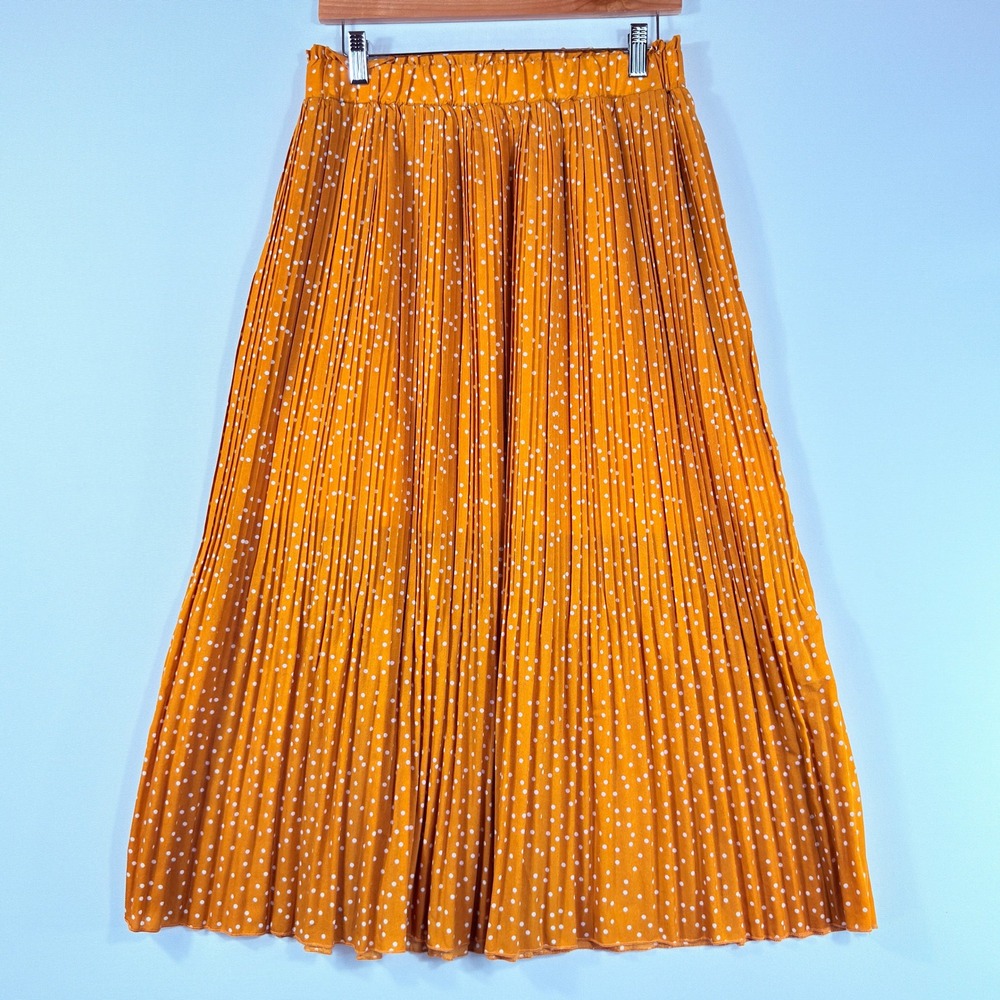 Exlura Pleated Midi Skirt Women Large Mustard Yellow Polka Dot Retro Cottage